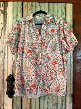 Women’s Floral Short-Sleeve Button-Up Shirt - Coral & Teal